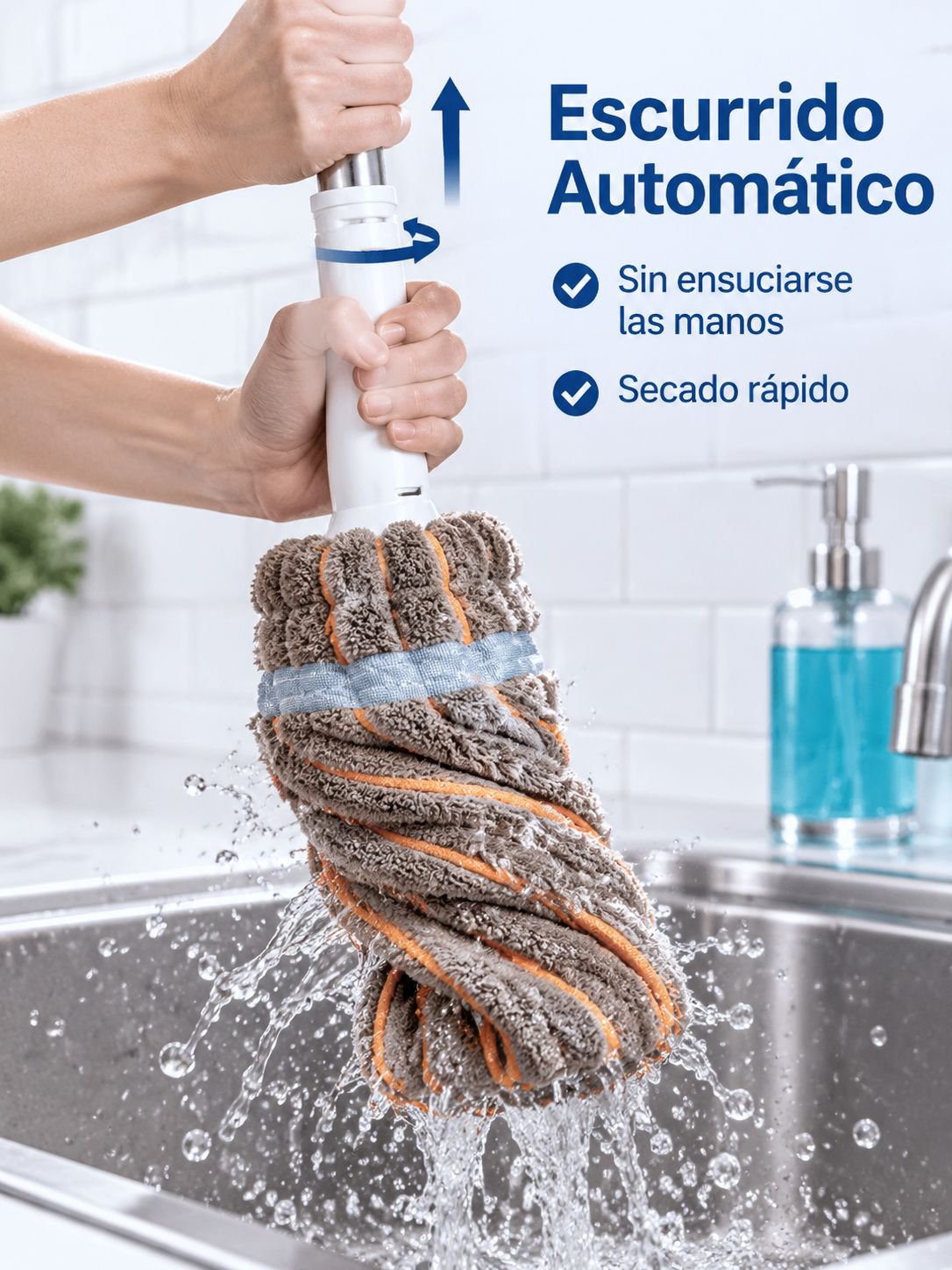 Fregona autoescurrible de alta absorción.