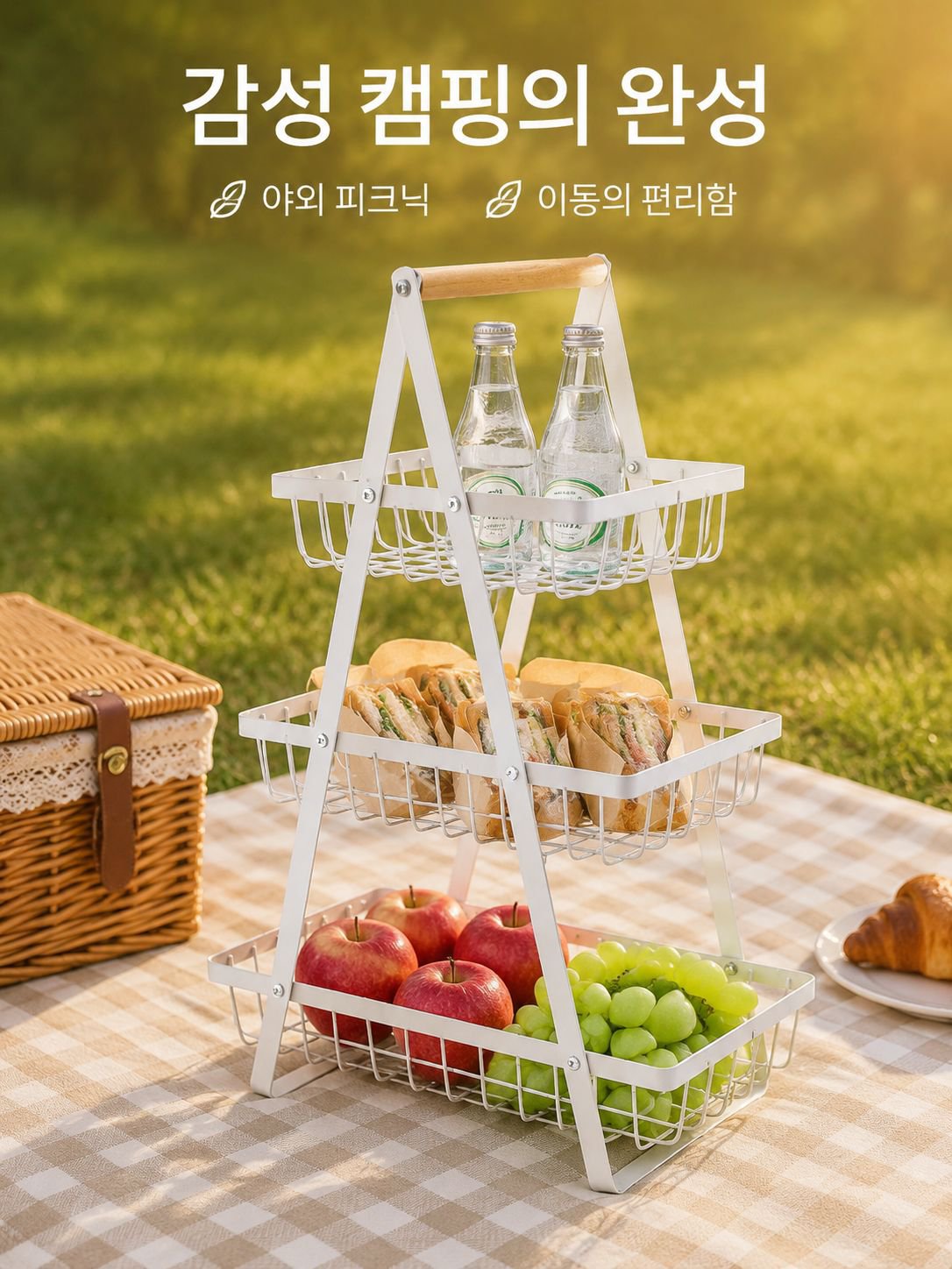 다기능 철제 우드 핸들 수납 바구니 주방 과일 간식 정리 선반