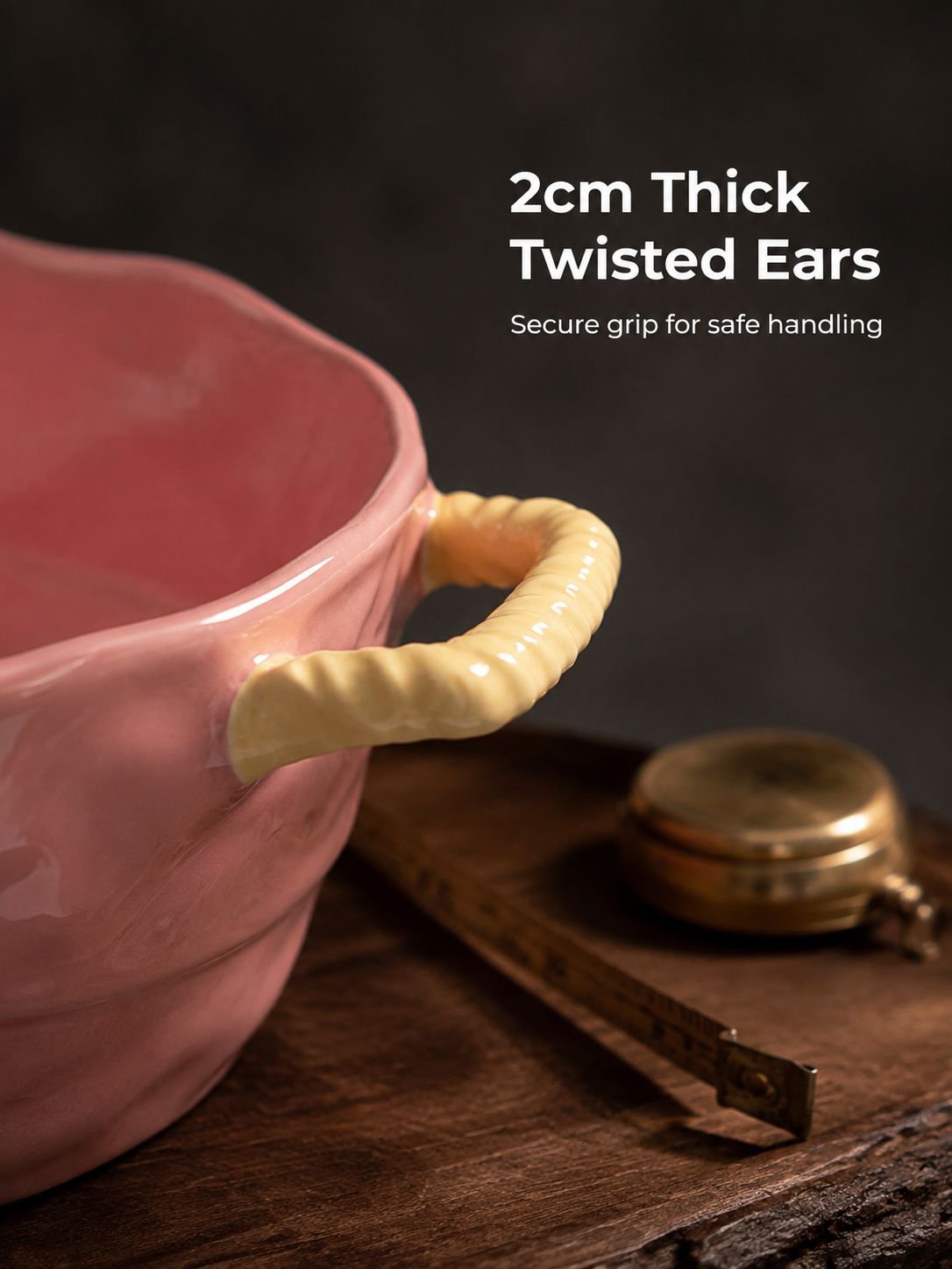 Front view of a large double-handle ceramic bowl