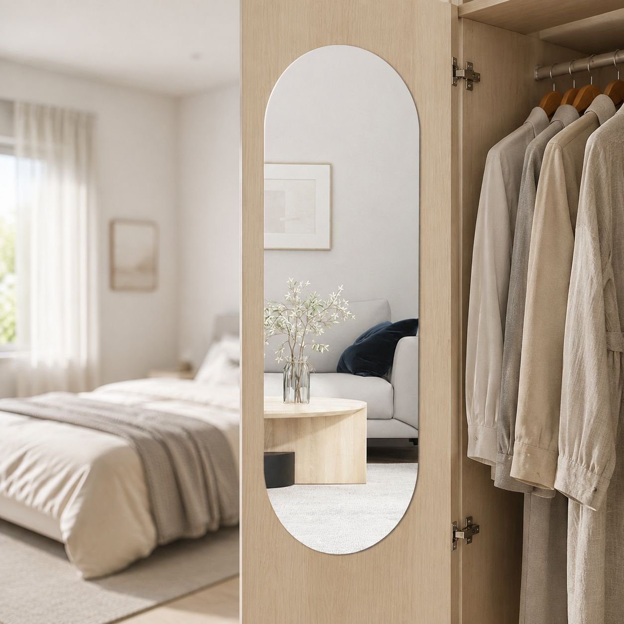 Self-adhesive HD fullbody dressing mirror sticker on bedroom wall