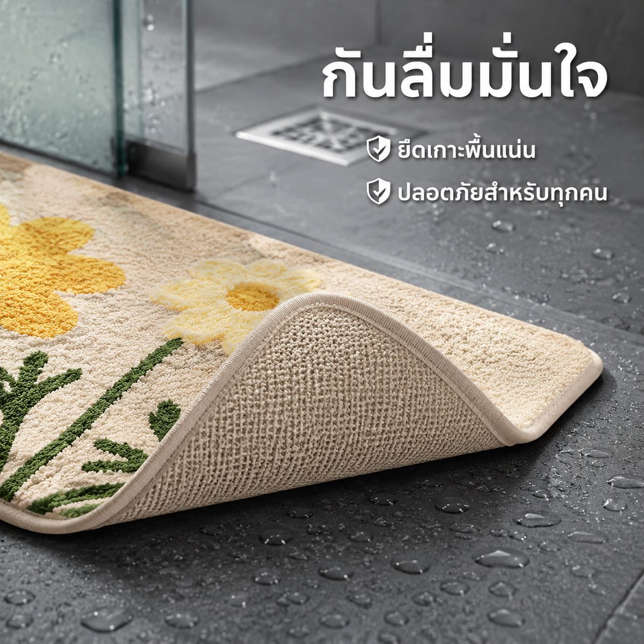 พรมเช็ดเท้าห้องน้ำลายดอกไม้ ขนสูงต่ำ กันลื่น ซับน้ำได้ดี