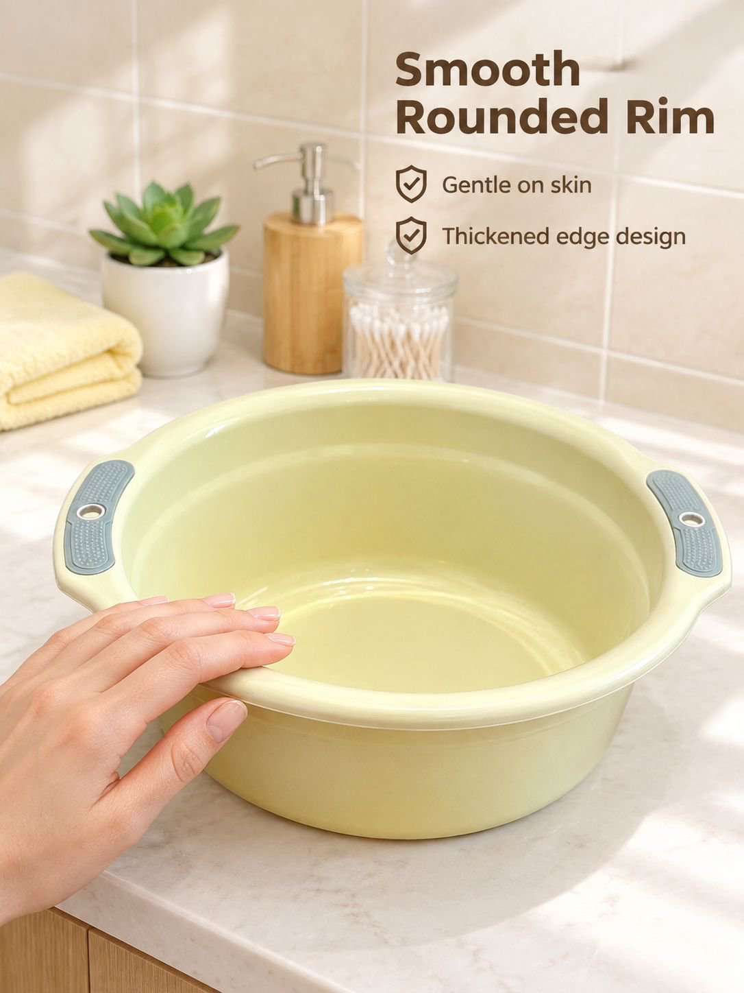 Side view of a color-block basin showing its sturdy handles