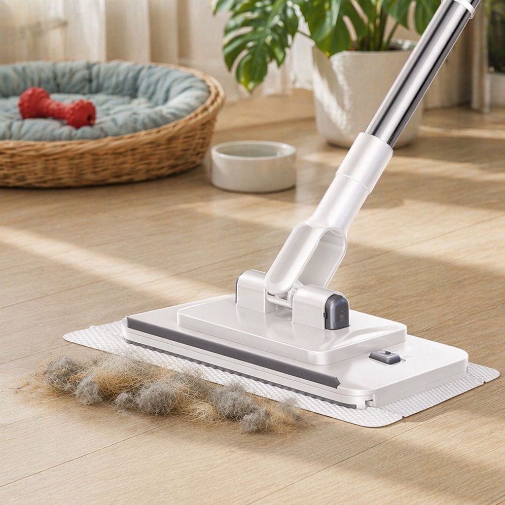 Hands-free mop standing upright for convenient storage