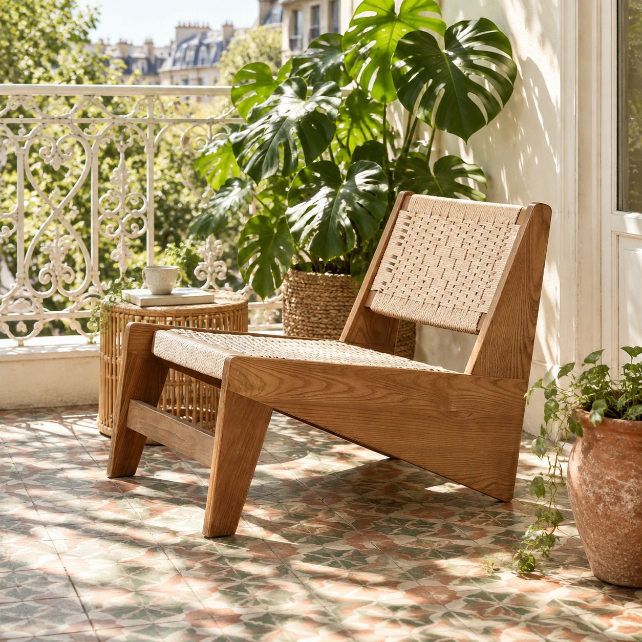 Massiver Holzsessel im Vintage-Wabi-Sabi-Stil mit geflochtener Sitzfläche