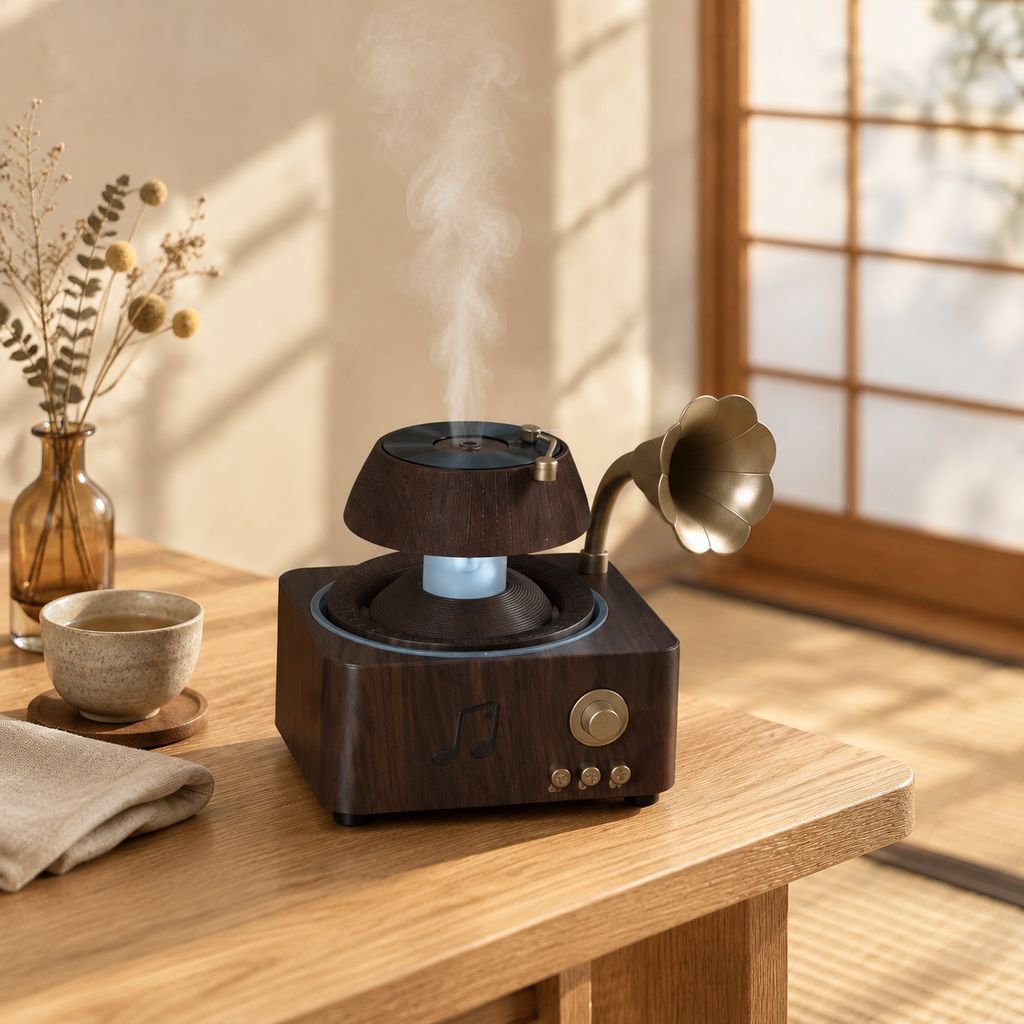 レトロ蓄音機風の雨滴加湿器、7色ムードライト・リモコン付き、家庭用静音アロマディフューザー