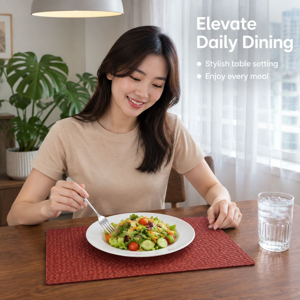 Square Double-Sided PU Leather Woven Placemat Heat Resistant Dining Table Mat for Home Hotel