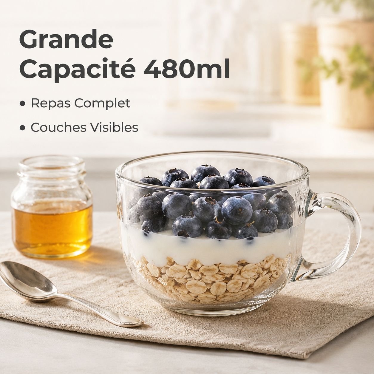 Verre à petit-déjeuner grande capacité avec couvercle et cuillère