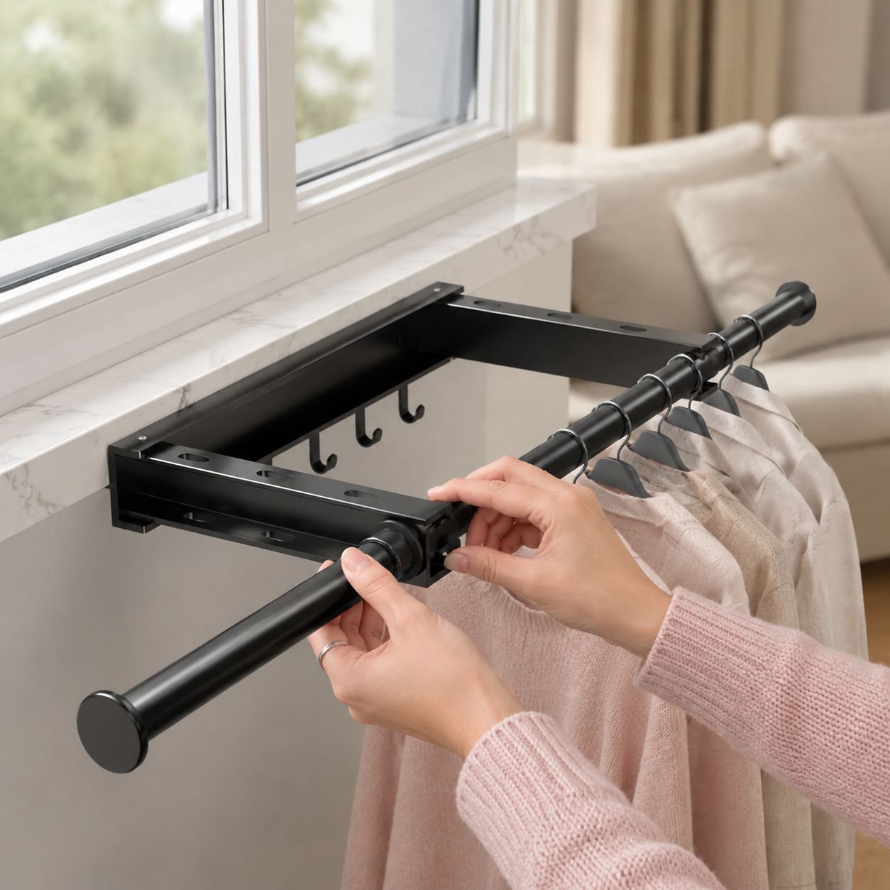 Foldable side-mounted laundry rod for small spaces
