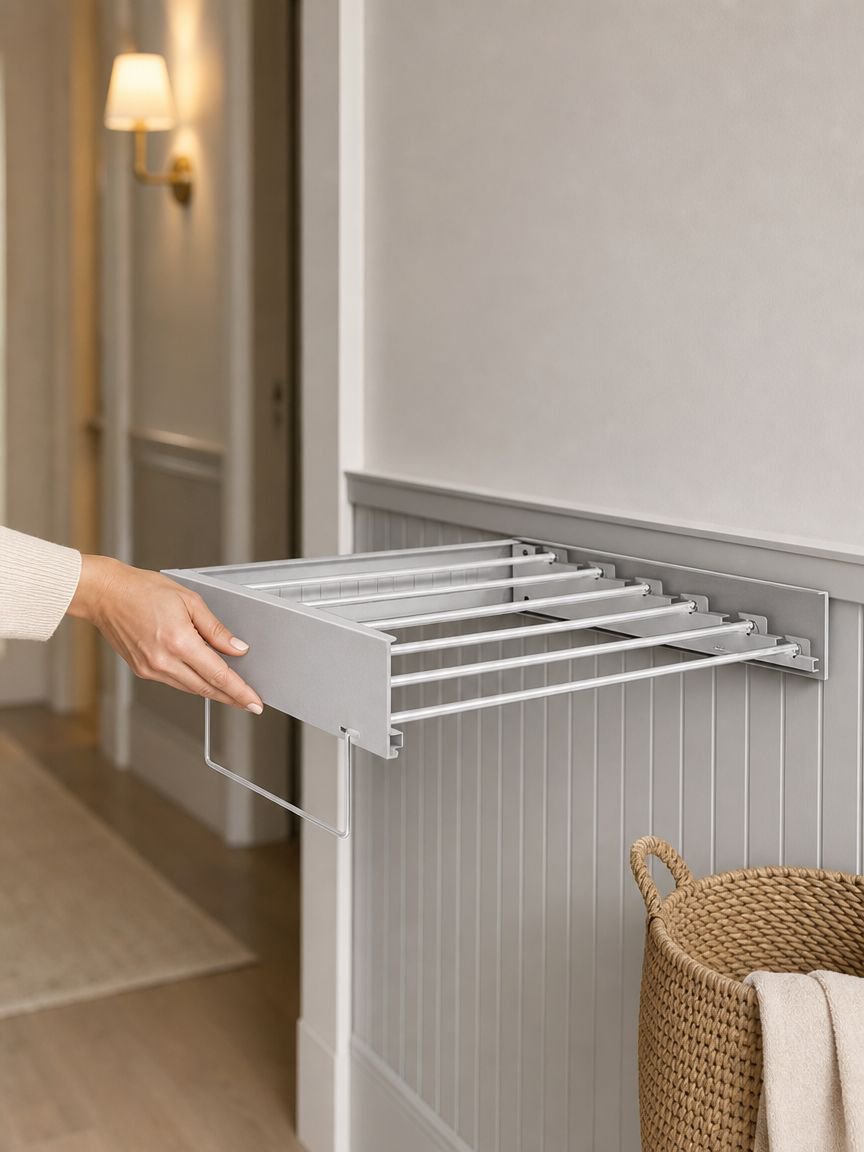 Space-saving folding garment rack in modern bedroom