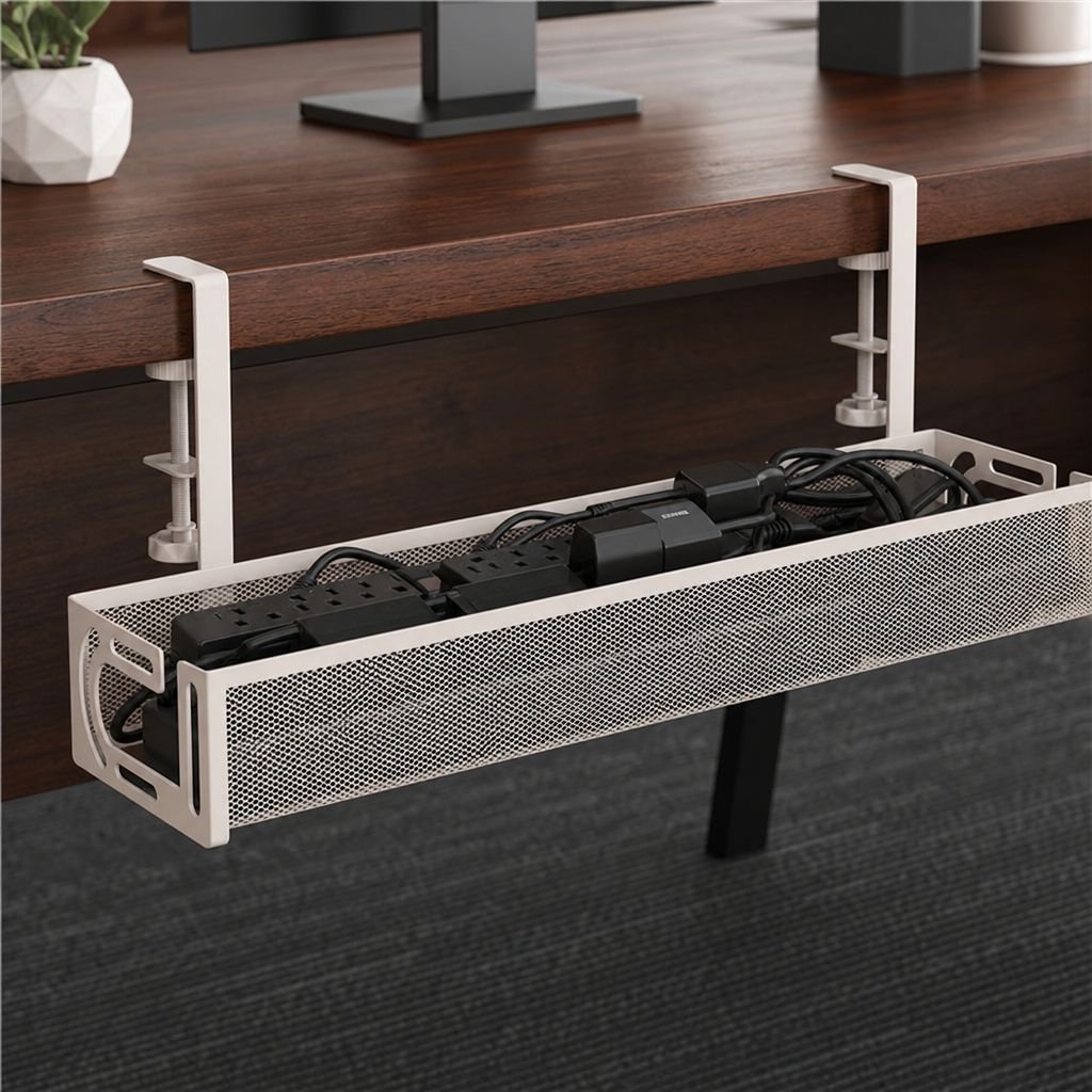Tidy office desk with hidden cables and power management tray
