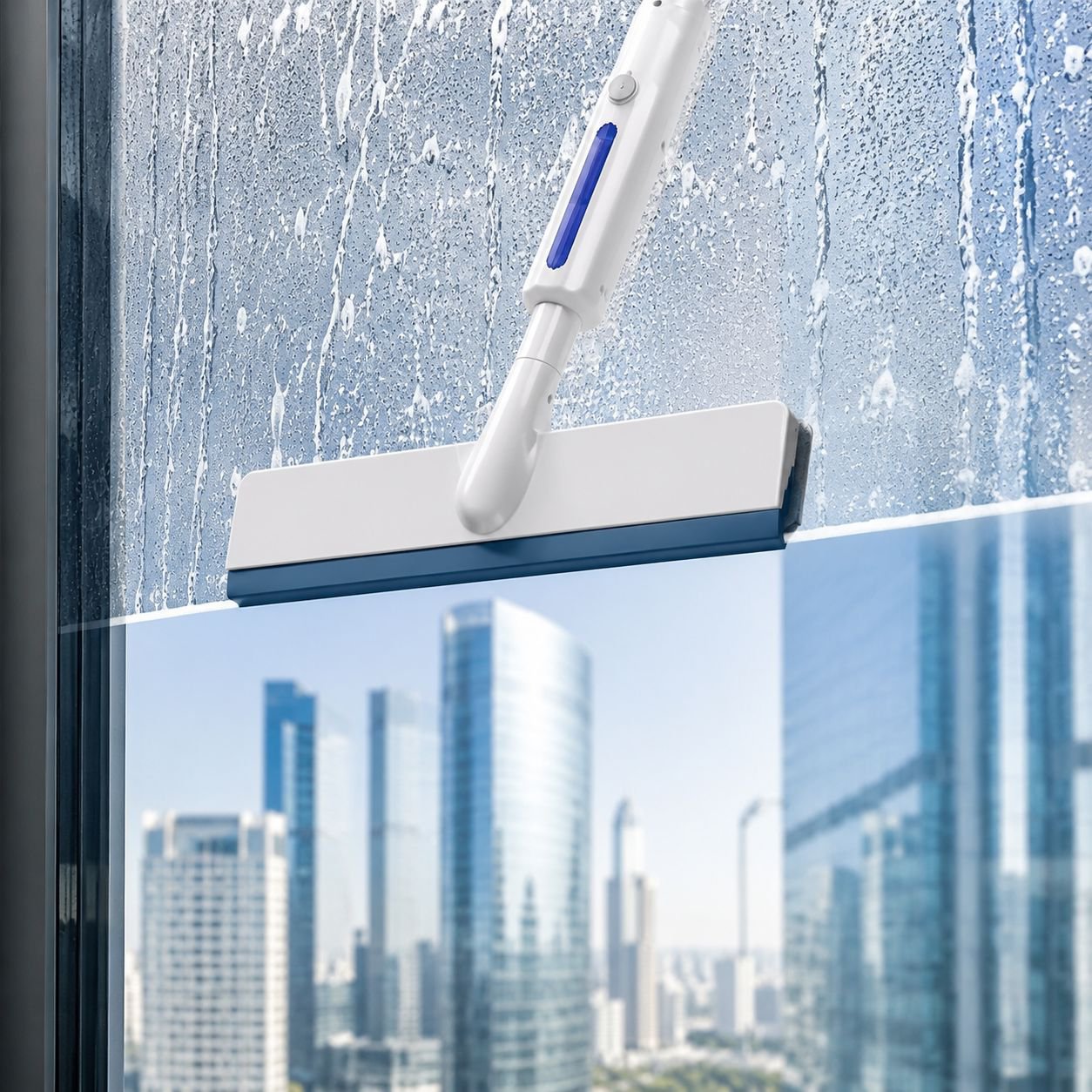 Household window squeegee with spray bottle attachment