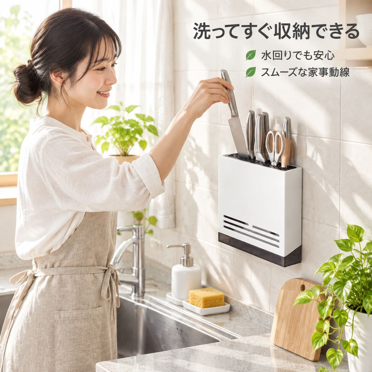 穴あけ不要の壁掛け式包丁・箸ラック