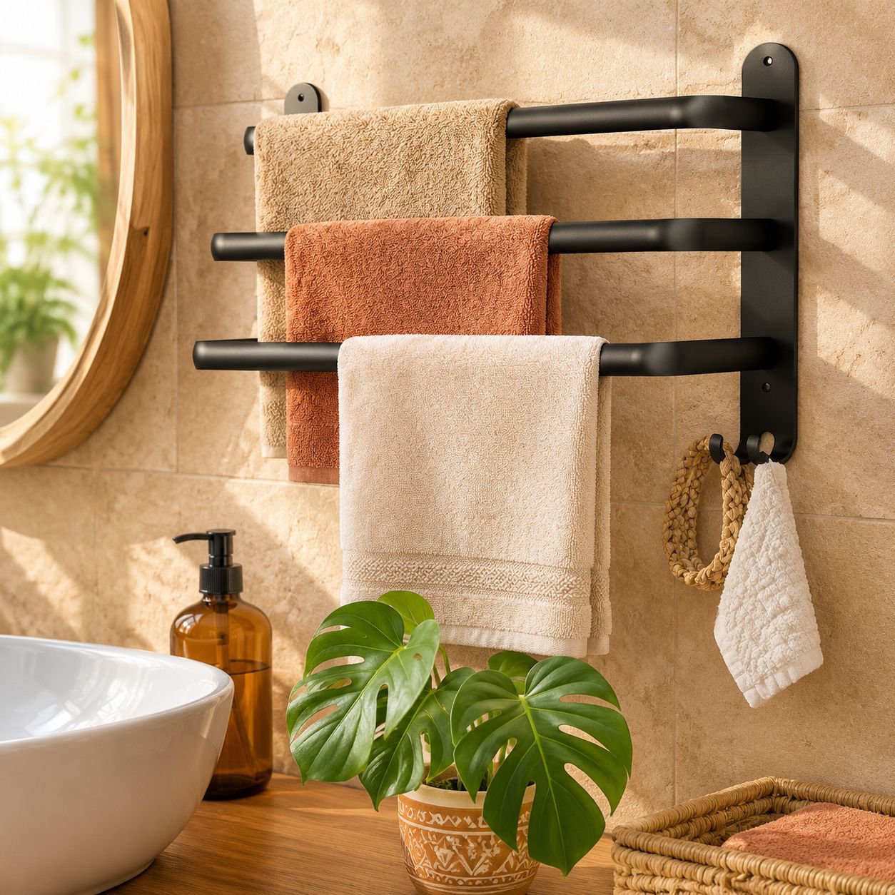 Detalle del estante de baño con almacenamiento integrado