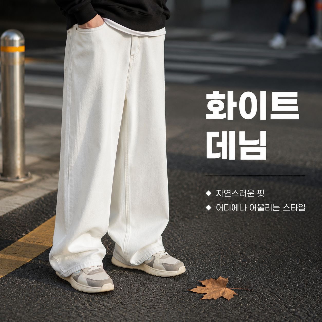 남자 화이트 스트리트 와이드 데님 워싱 팬츠