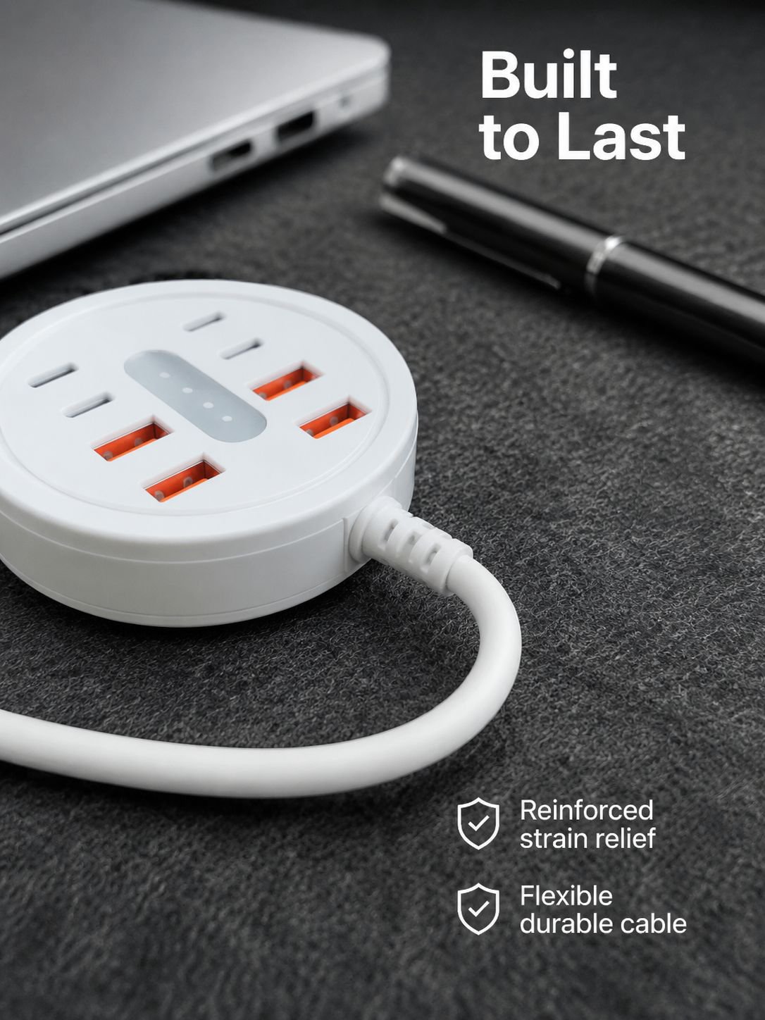 8-in-1 Round Portable Power Strip with USB & Type-C Fast Charging Adapters