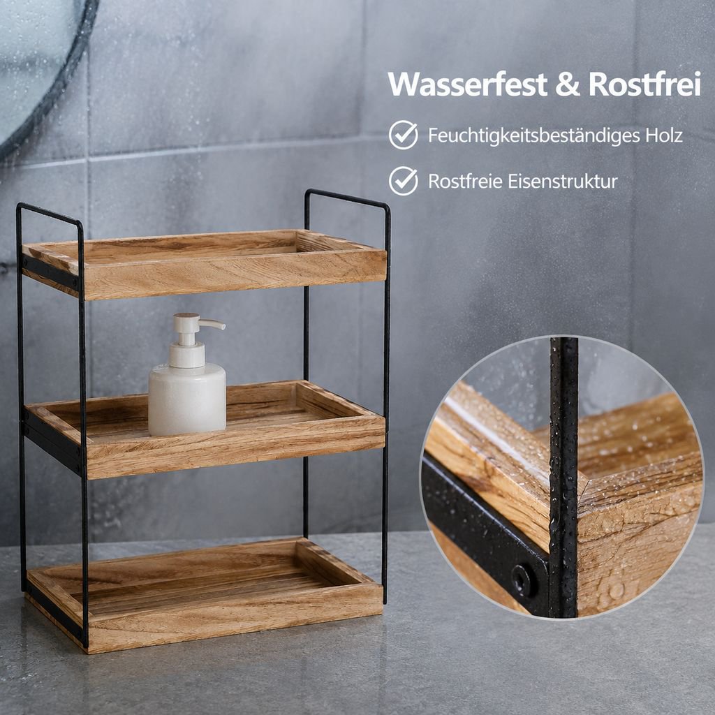 Mehrschichtiges Aufbewahrungssystem für Badezimmerprodukte aus Eisen und Holz