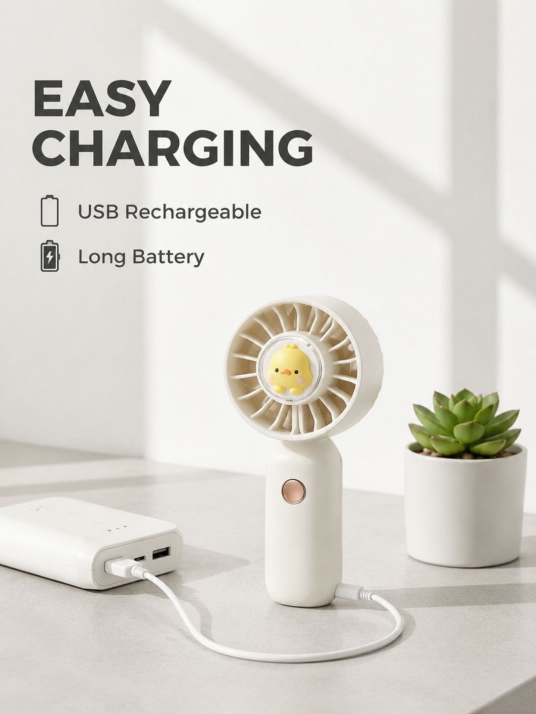 GO's new summer yellow duck USB handheld mini fan is portable, quiet, and rechargeable, perfect for 