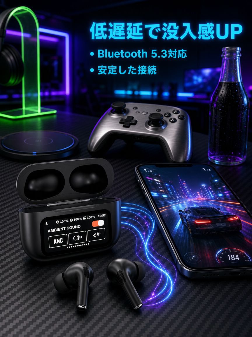 スマートカラーディスプレイ タッチコントロール ノイズキャンセリング Bluetoothイヤホン
