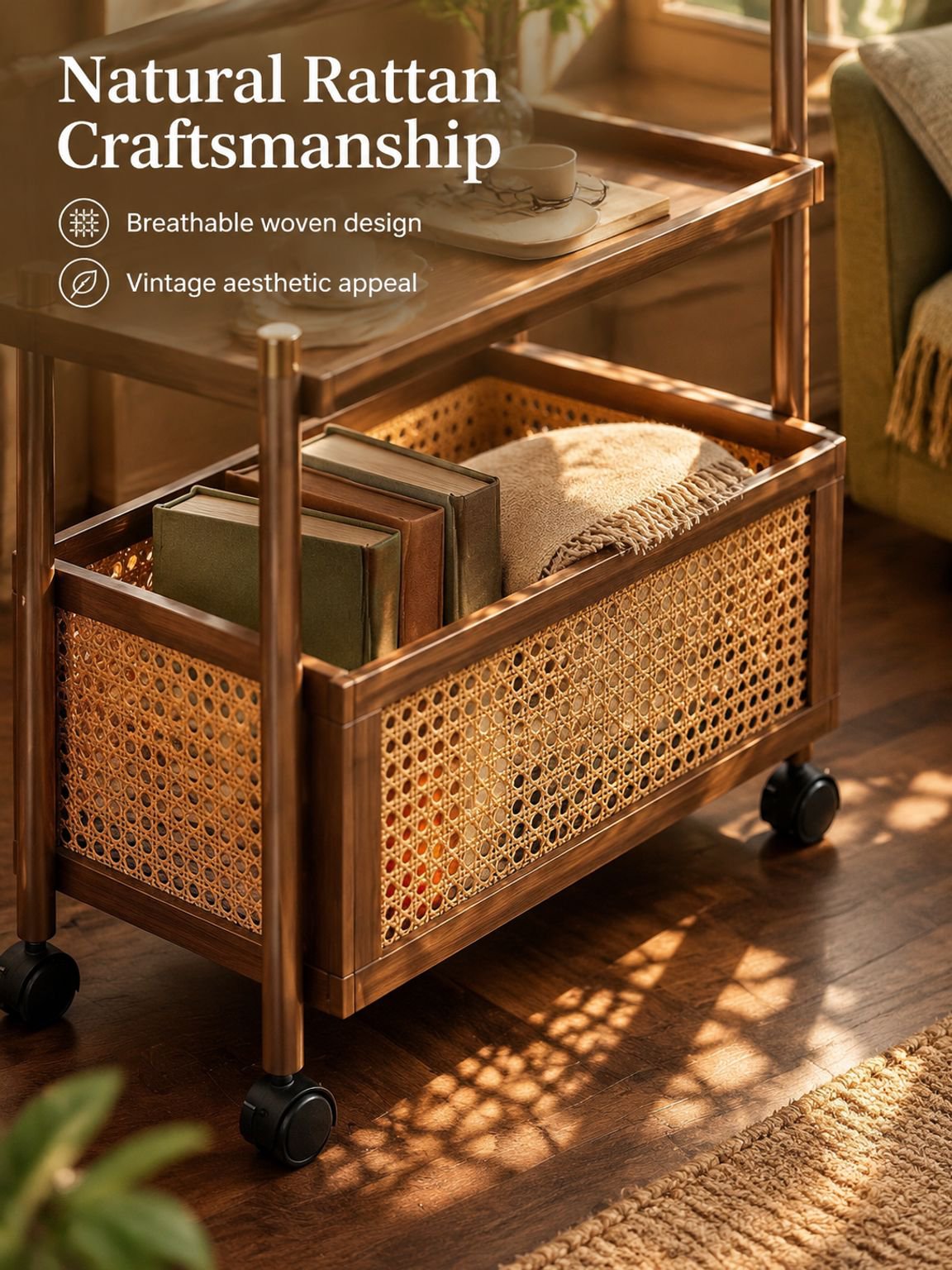 Small coffee table on wheels for flexible home use