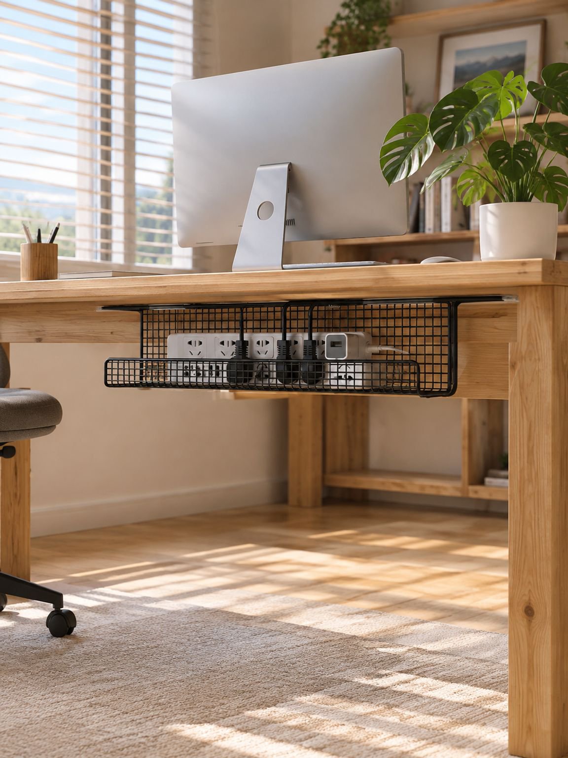 Desk cord organizer keeping cables off the desktop