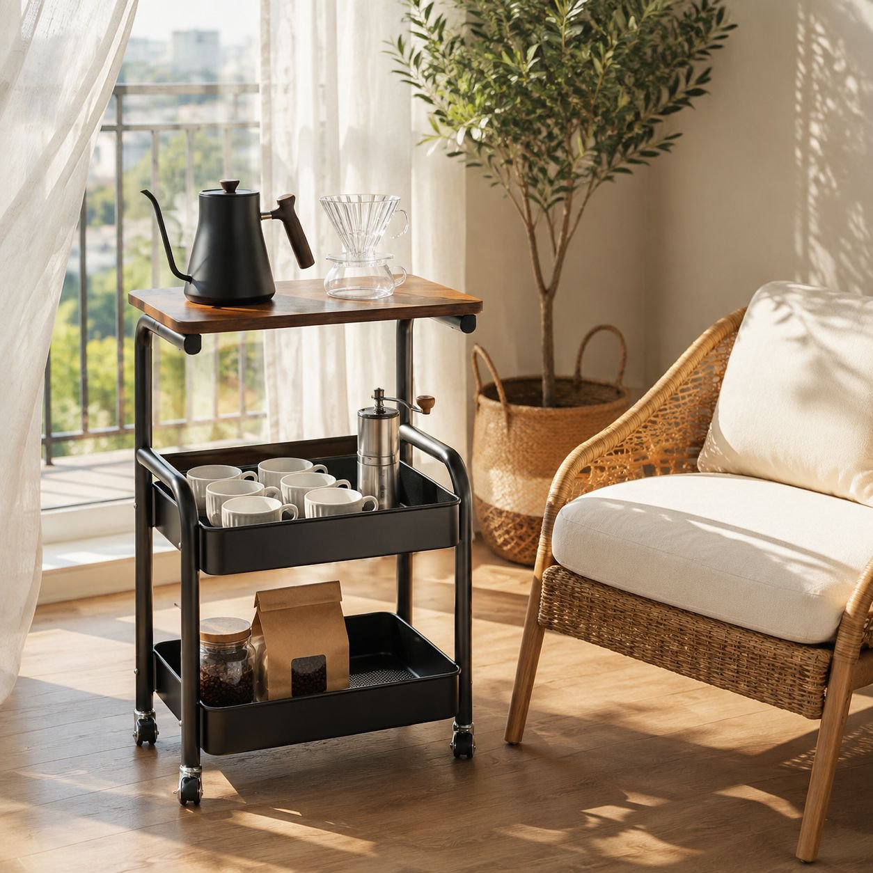 Trolley snack rack retro multi-layer storage rack medieval style living room movable storage floor s