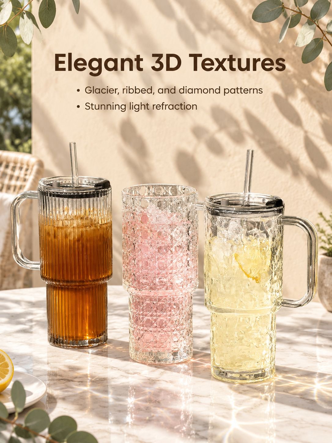 Reusable glass cup with straw designed for home, work, and travel