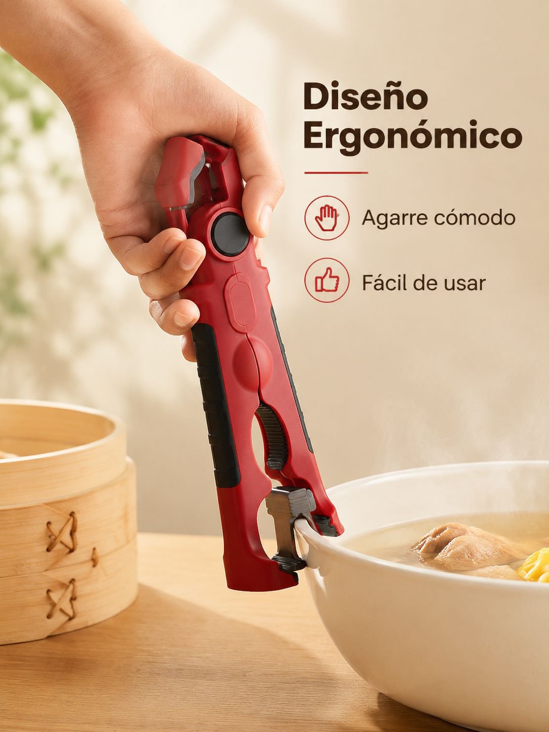 Pinza 4 en 1 antideslizante y resistente al calor para platos