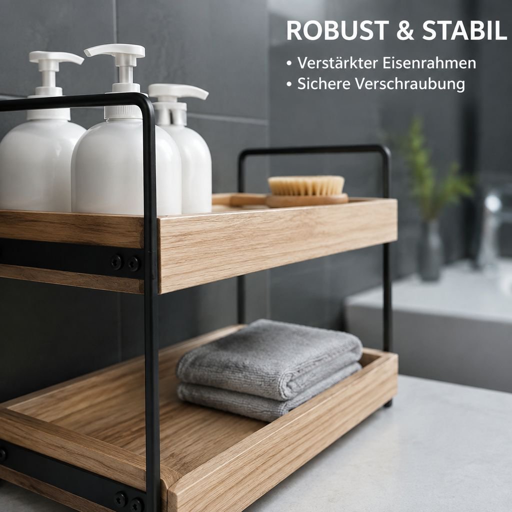 Mehrschichtiges Aufbewahrungssystem für Badezimmerprodukte aus Eisen und Holz