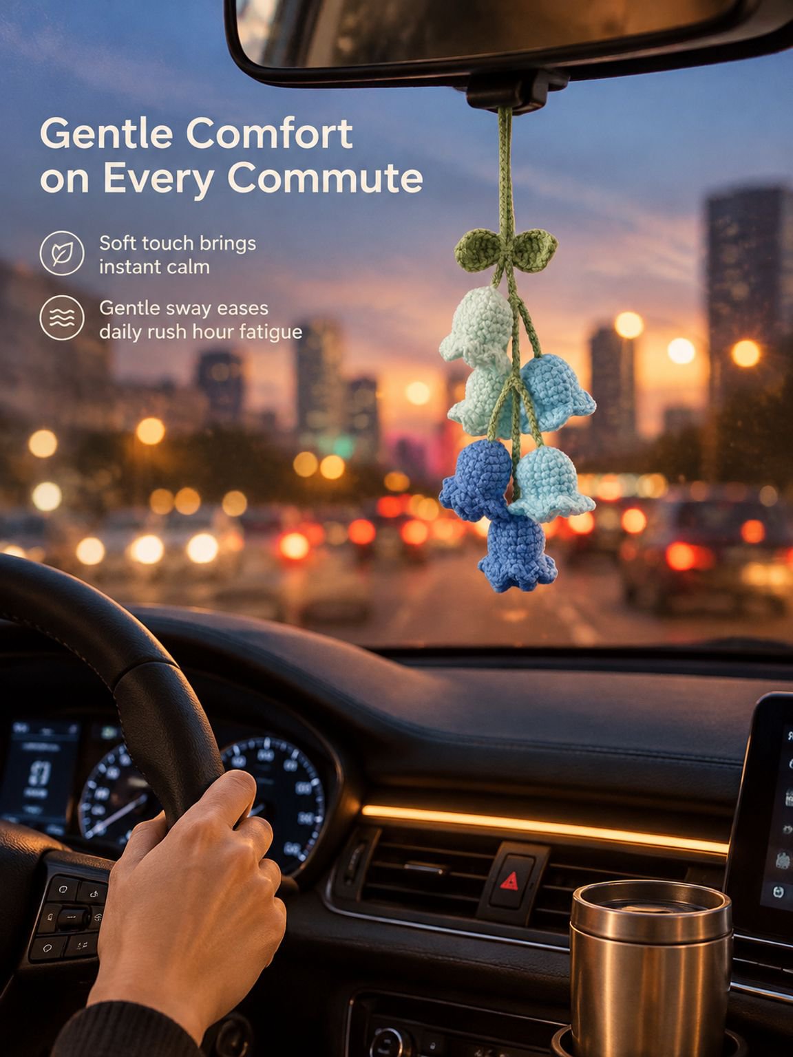 Floral car hanging decoration with delicate knitted flowers