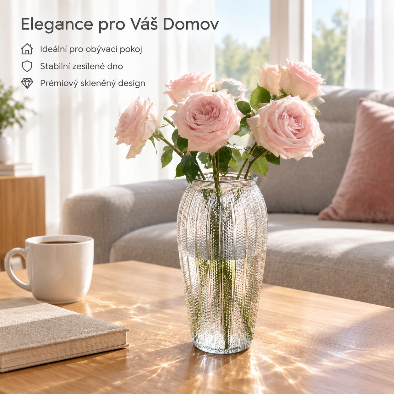 Luxusní průhledná skleněná váza na čerstvé květiny, dekorace do obývacího pokoje