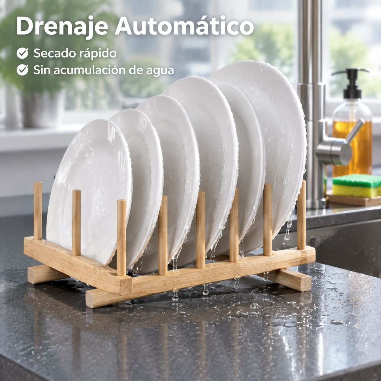 Escurridor y Organizador de Platos de Bambú para Cocina