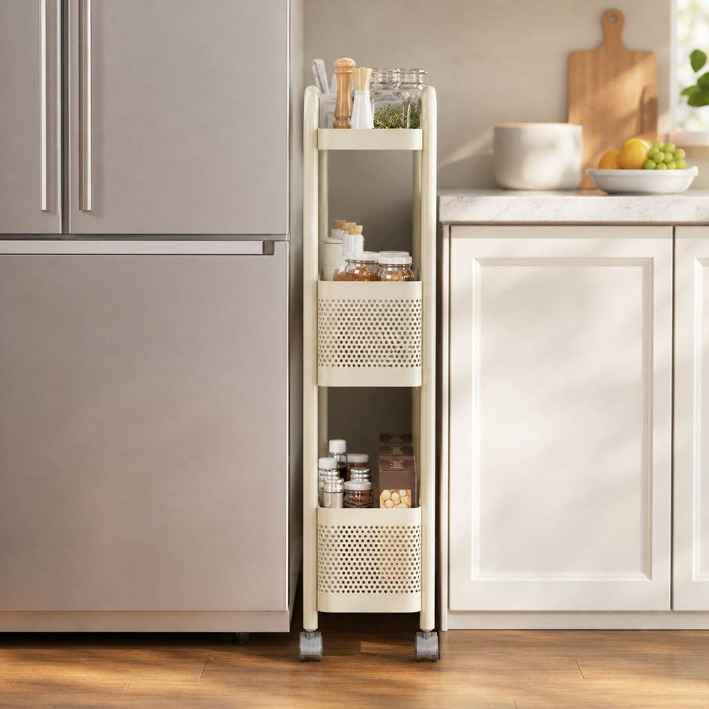 Refrigerator side storage cabinet organizer installed on fridge