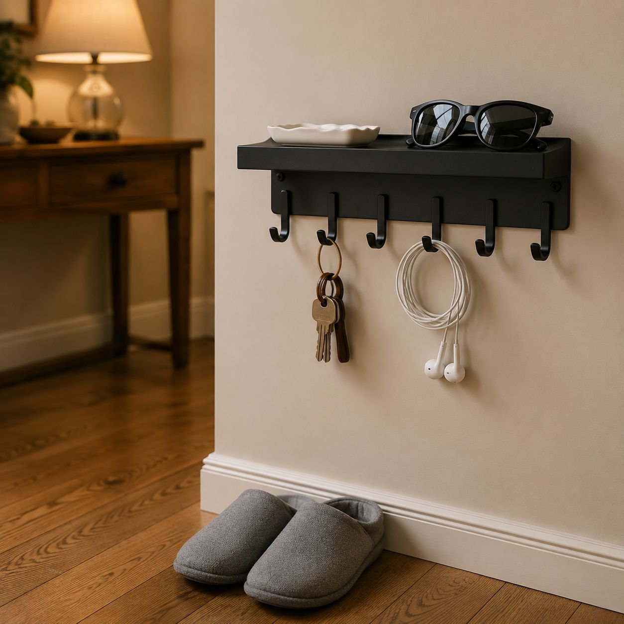 No-Drill Door Key Organizer Wall Hook installed on entryway wall