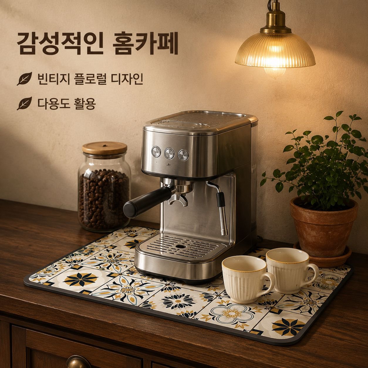 주방 조리대용 레트로 플로럴 타일 배수 매트