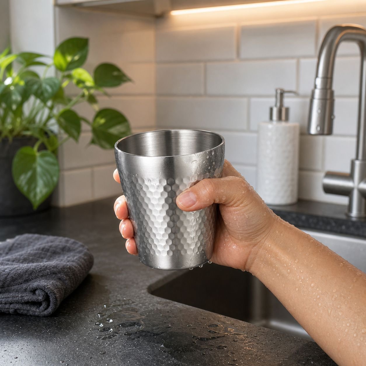 304 Hammered Stainless Steel Double-Wall Insulated Kids Mug with Handle, Straight Sanded
