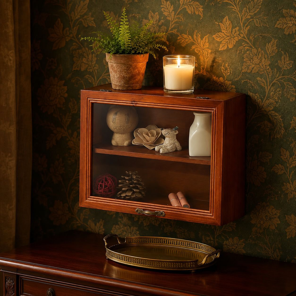 Dustproof Glass Door Two-tier Retro Wooden Cosmetics Storage Display Box