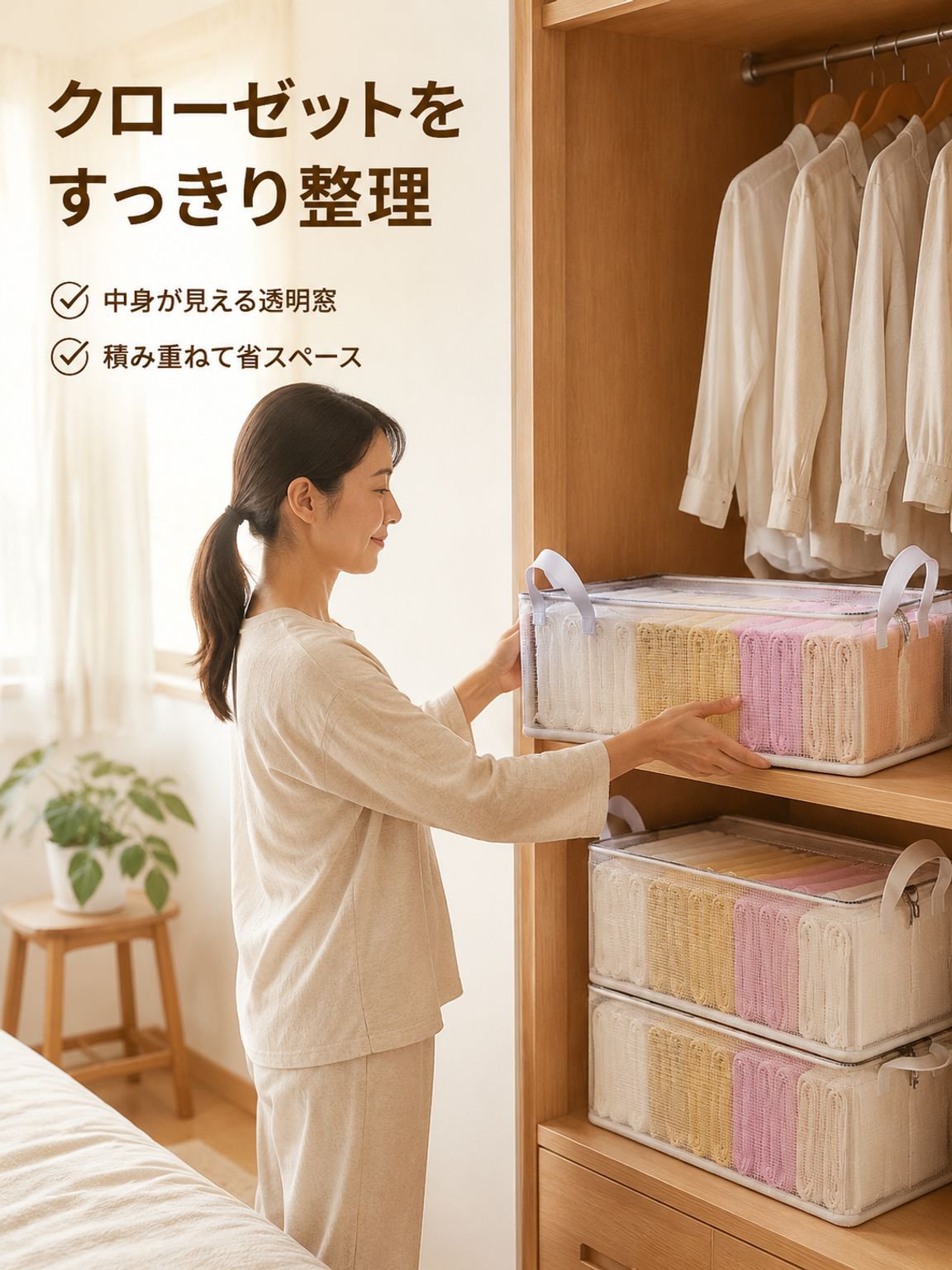 大容量家庭用透明収納ボックス、折りたたみ＆蓋付き、ワードローブ収納に最適。