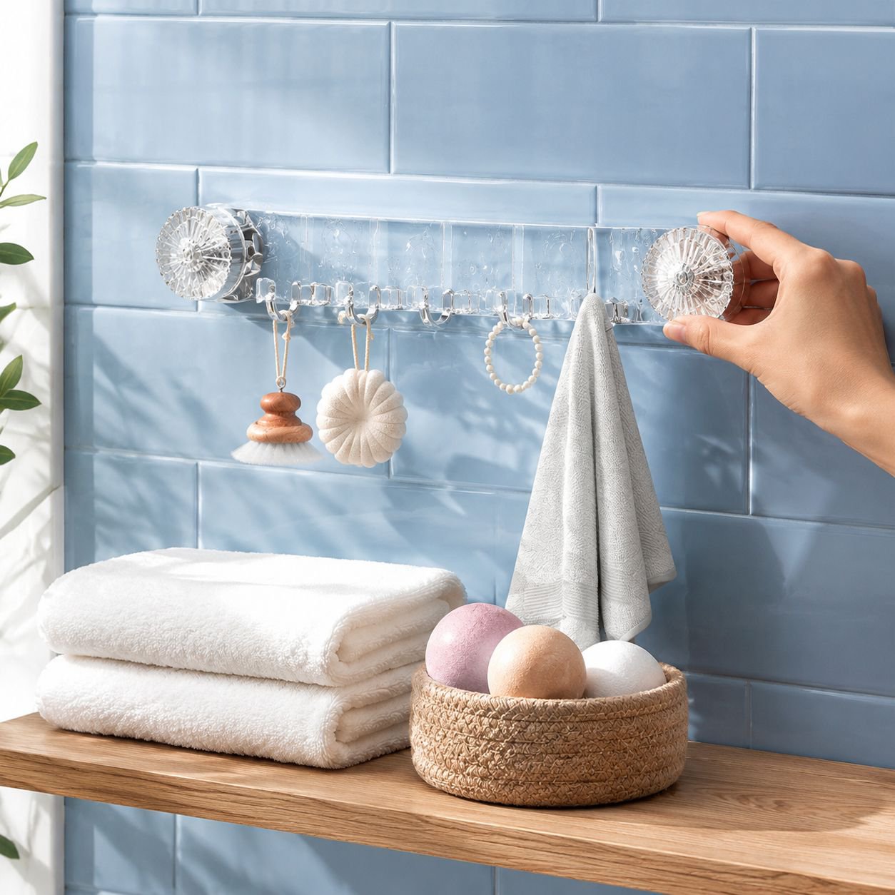 Household suction cup hooks in use on glass surface