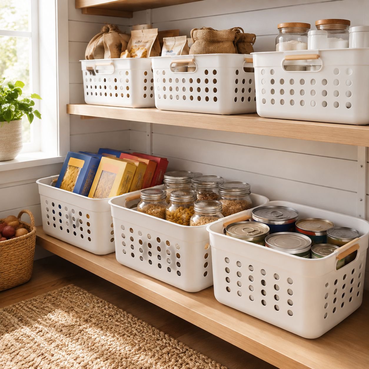 Plastic basket organizing children's toys and books