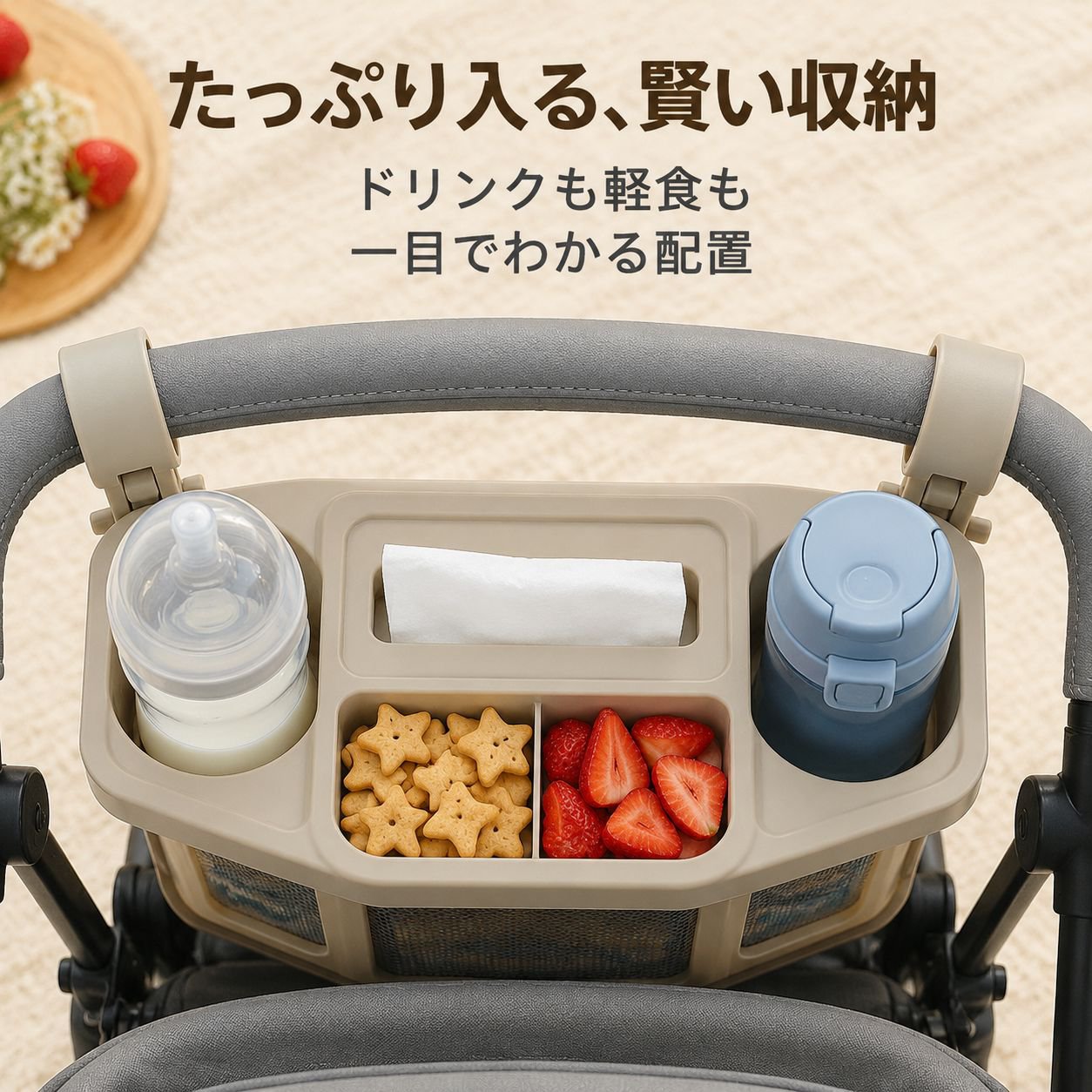 多機能ベビーカー収納ラック 取り外し可能なスナックシェルフ