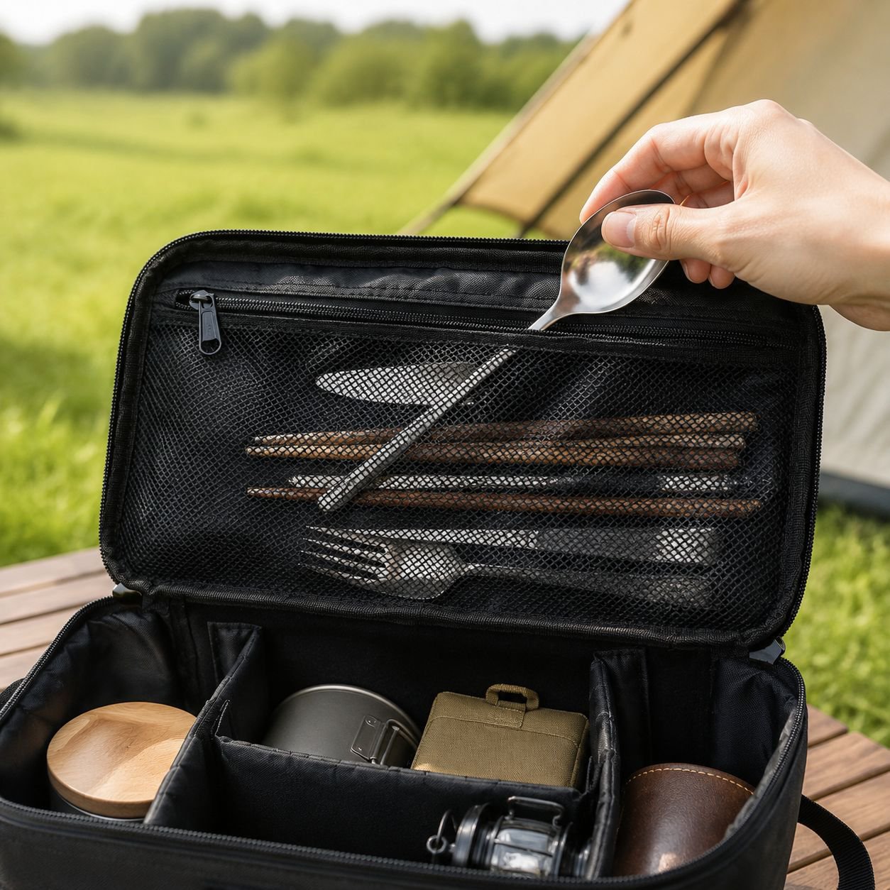 Portable picnic bag, camping storage bag, outdoor tableware organizer, short trip tote bag