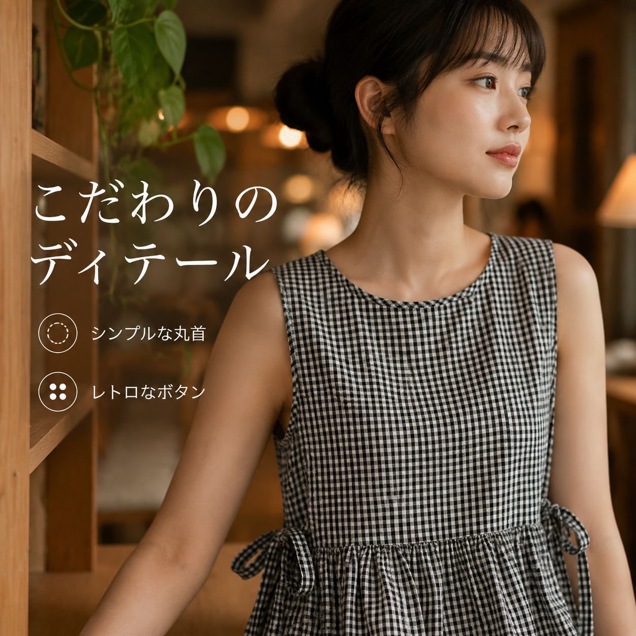 文芸風綿麻チェックワンピース