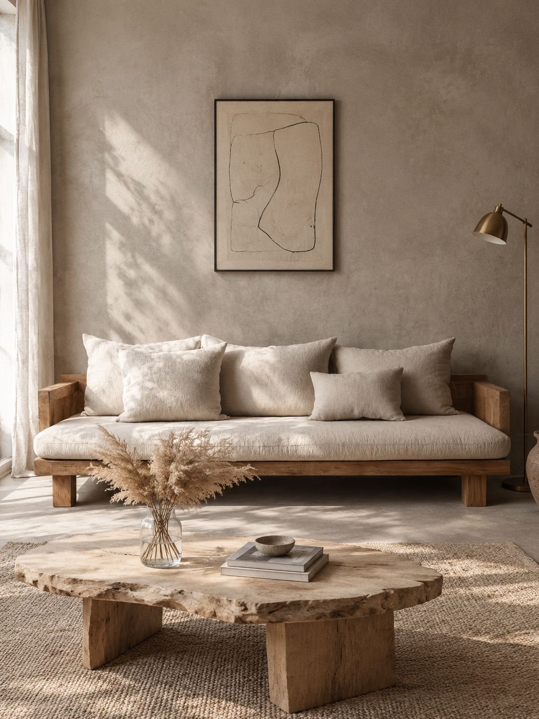 Coussins confortables sur canapé wabi-sabi