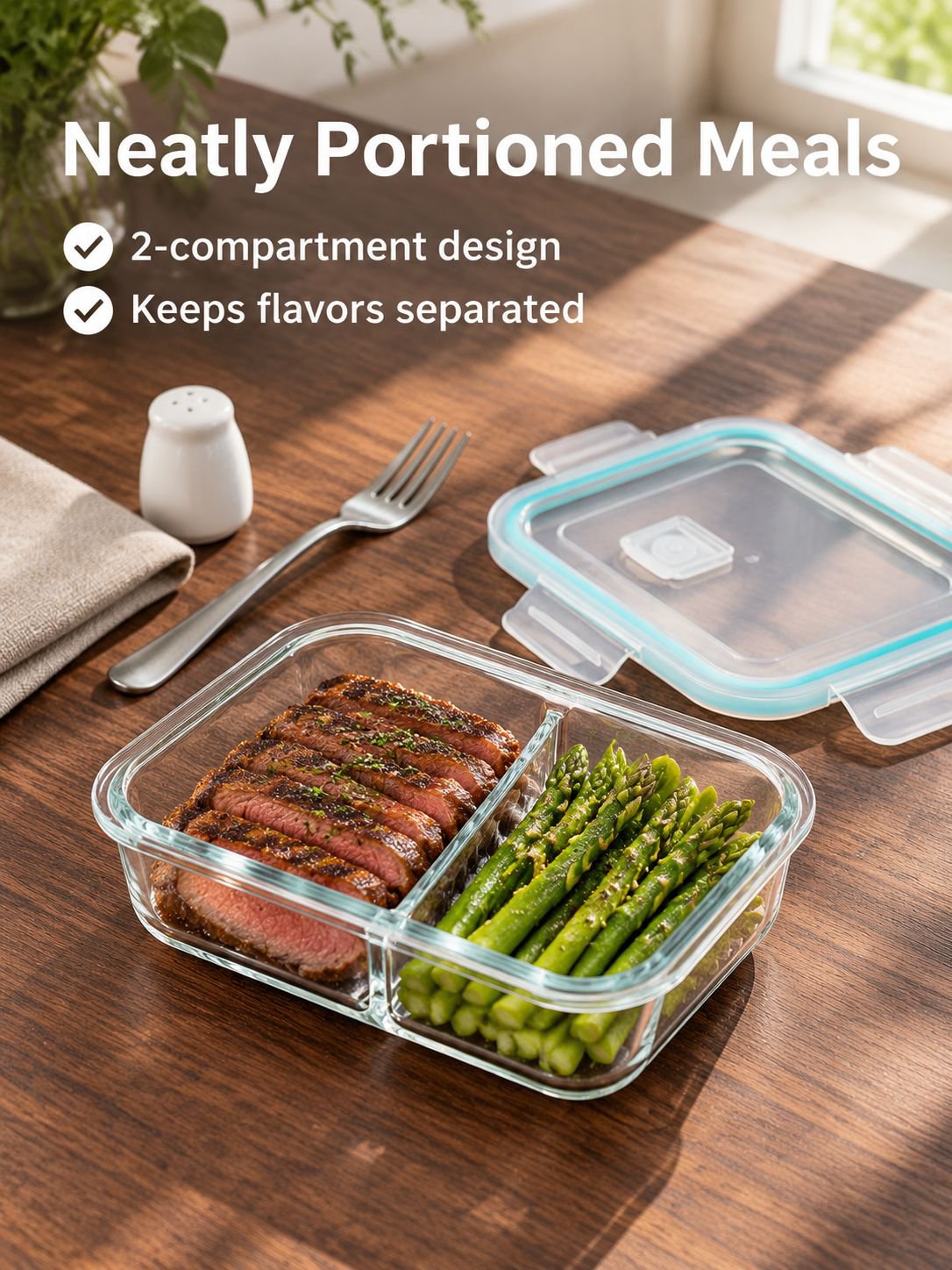 Microwave safe divided glass bento lunch box with airtight lid for meal prep