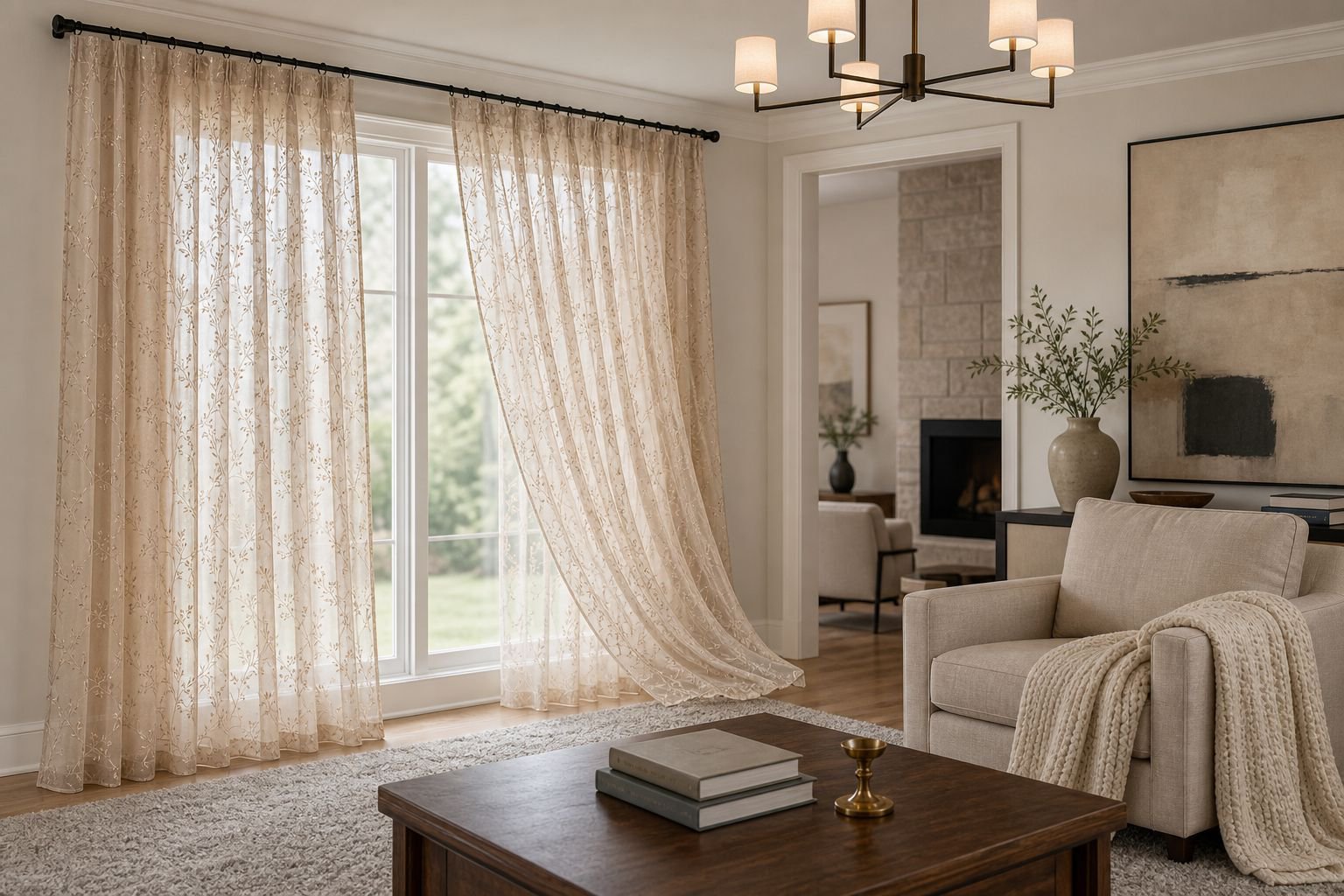 Elegant sheer curtain behind blackout curtain