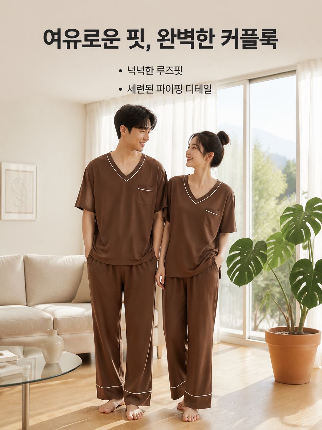 여성 브라 패드 내장 커플 파자마, 여름 반팔 루즈핏 외출 세트