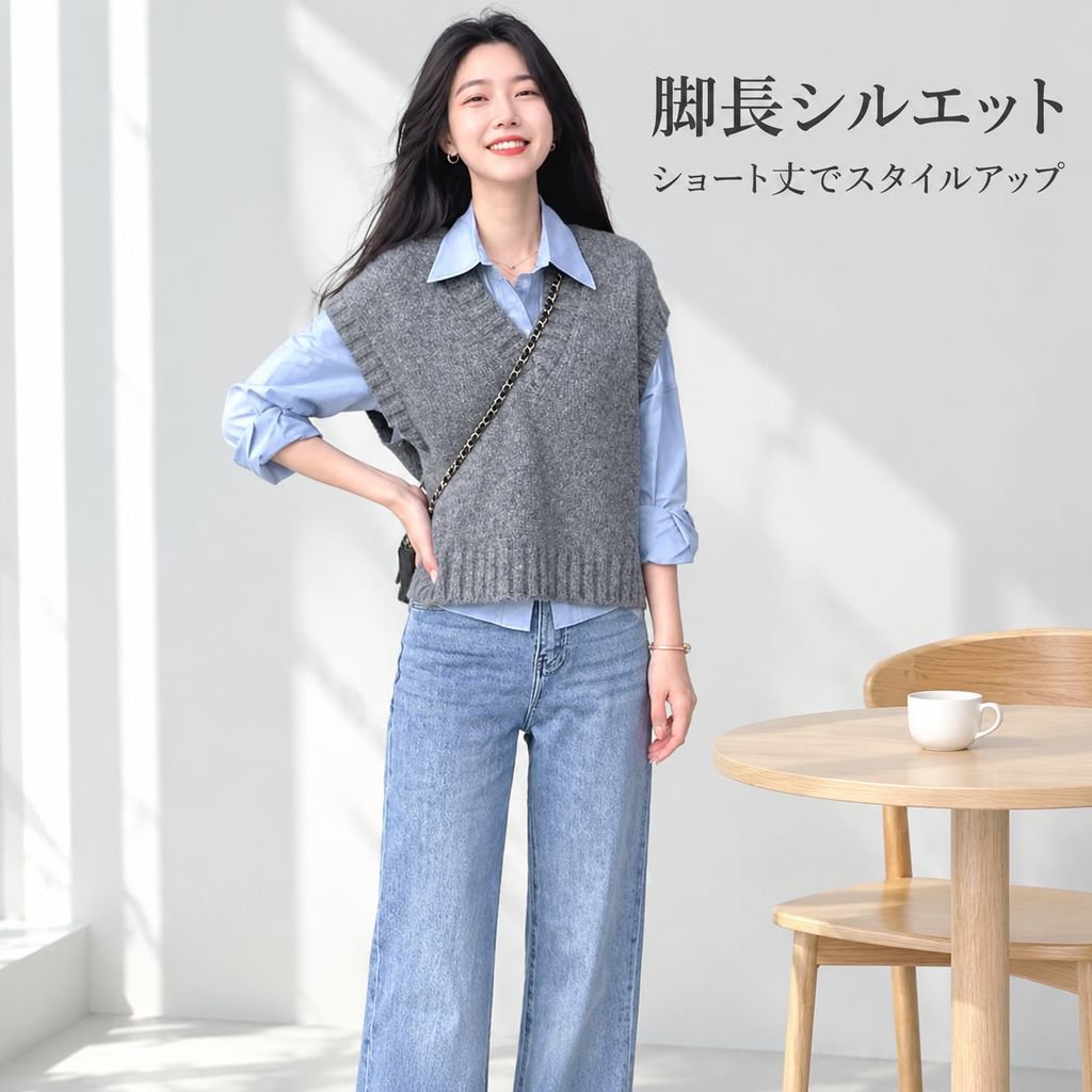 グレー スクールスタイル ニットベスト レディース 秋冬 重ね着 シャツセット