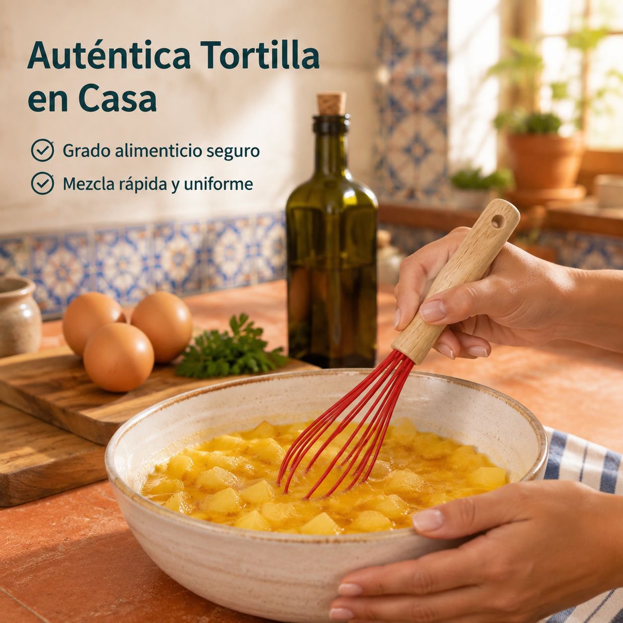 Batidor de huevos manual de silicona con mango de madera
