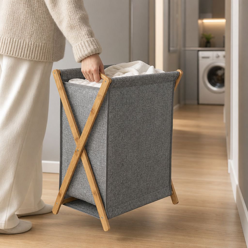 Cesta de ropa plegable de bambú y PVC ecológico para el hogar