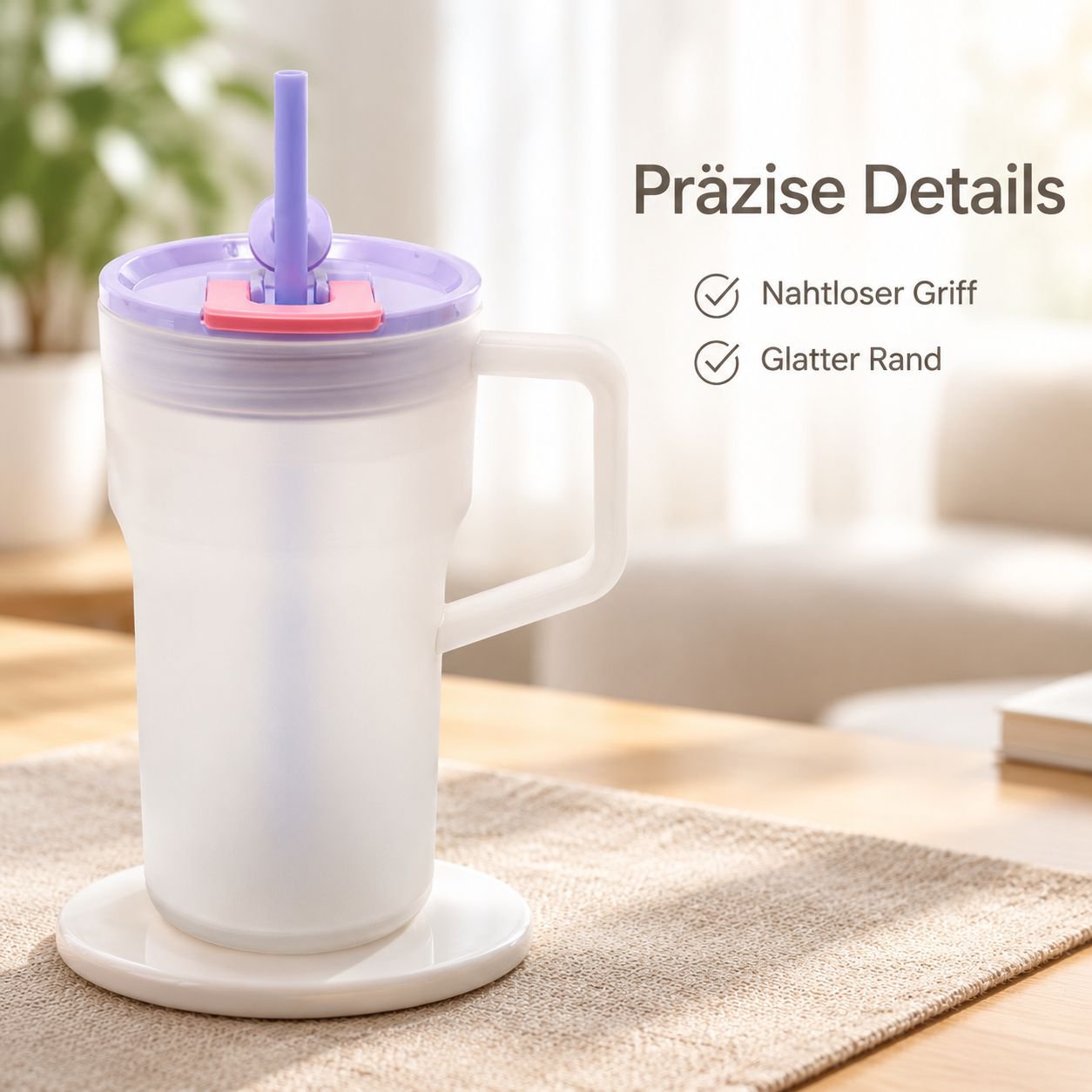 Stylischer Becher mit zwei Trinköffnungen und Strohhalm